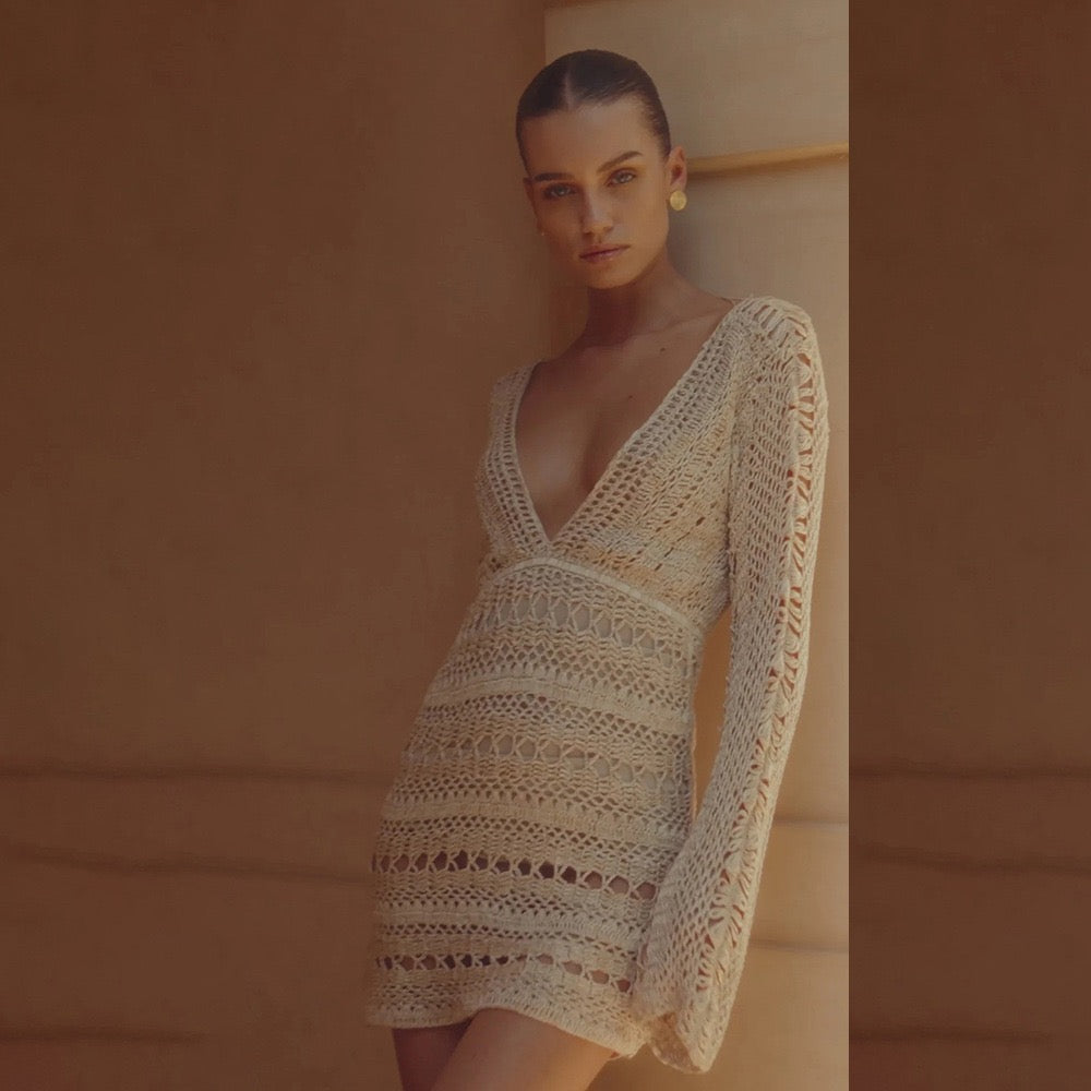 Crochet Deep V Beach Cover-Up Dress
