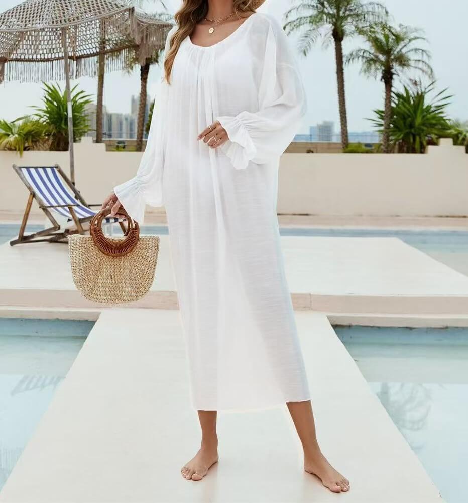 White V‑Back Long Sleeve Beach Cover‑Up Maxi Dress Casual Loose Swimwear Coverup