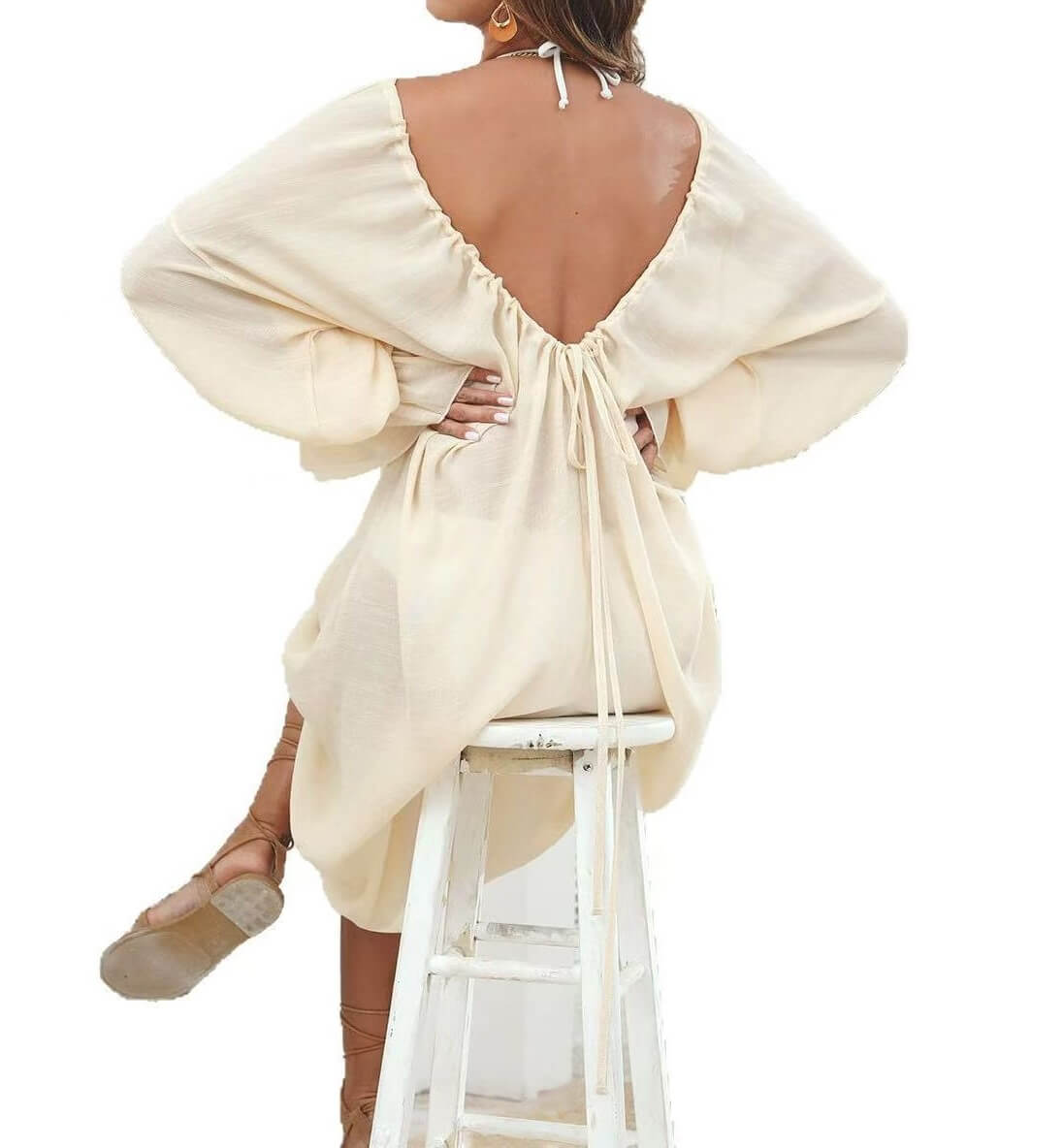White V‑Back Long Sleeve Beach Cover‑Up Maxi Dress Casual Loose Swimwear Coverup