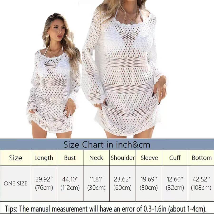 White Crochet Long Sleeve Beach Cover Up Dress