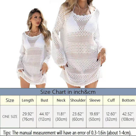 White Crochet Long Sleeve Beach Cover Up Dress