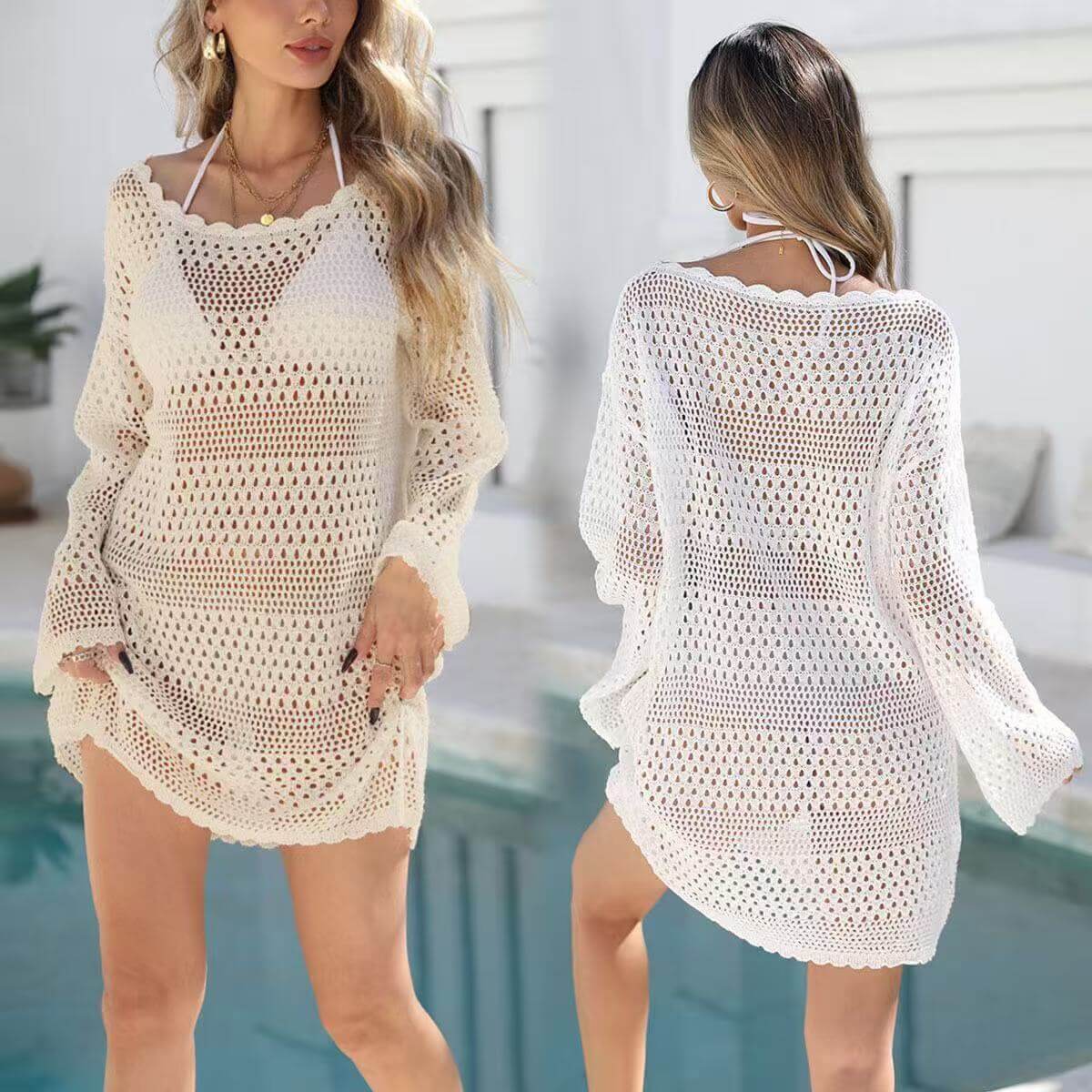 White Crochet Long Sleeve Beach Cover Up Dress