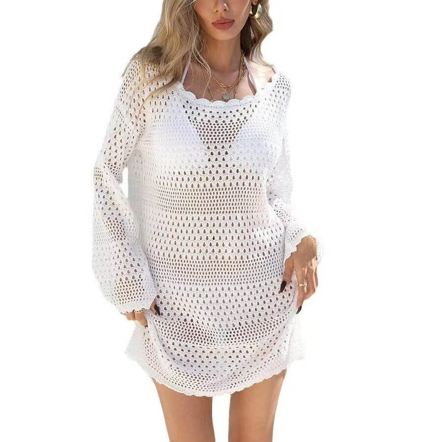 White Crochet Long Sleeve Beach Cover Up Dress