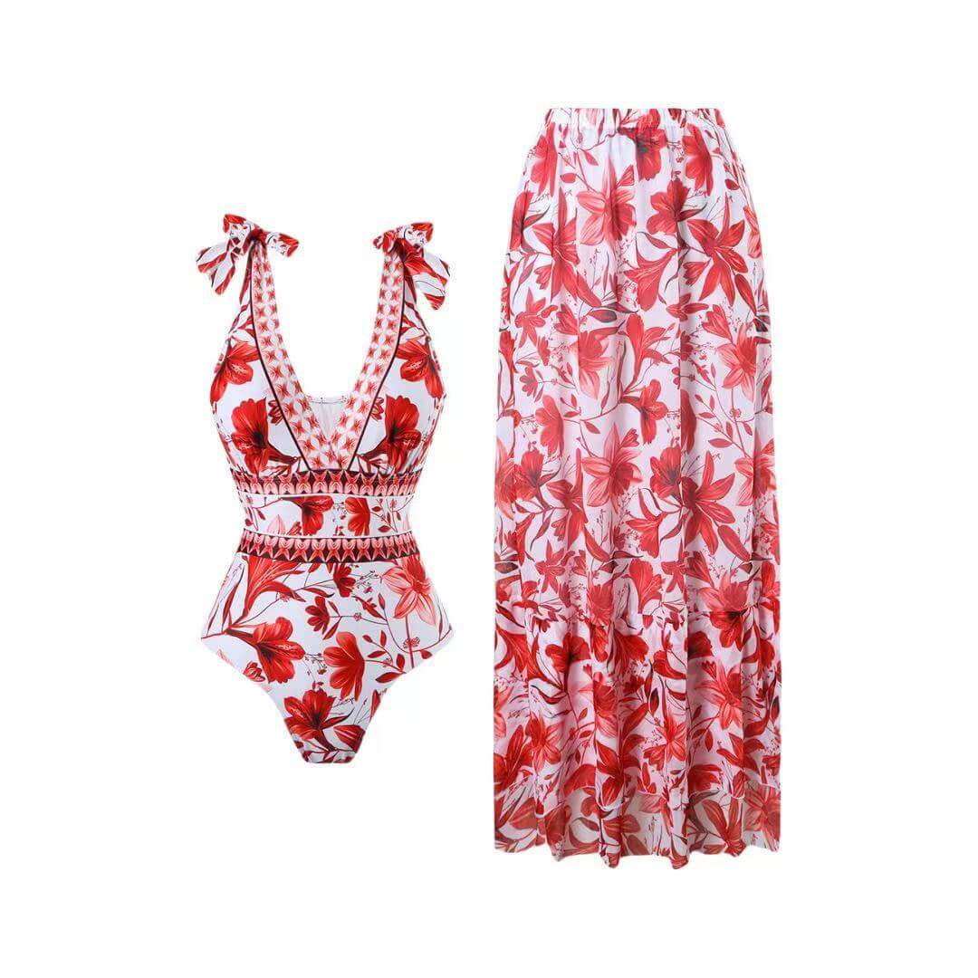 Floral Halter One-Piece & Sarong Set