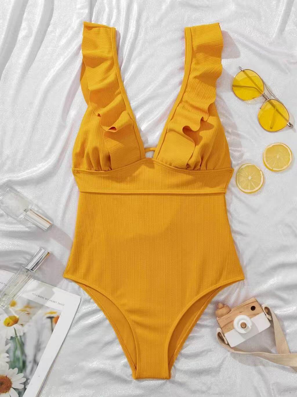 Ruffle Deep V One-Piece Swimsuit